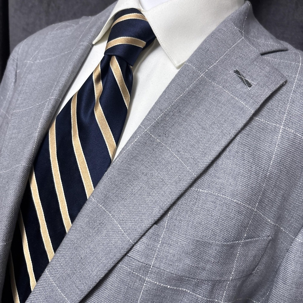 Atelier Munro Sport Coat 44L Gray Italian Linen Solbiati Nobel Windowpane Blazer